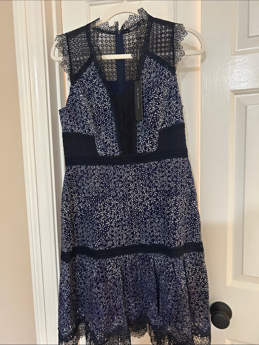 Elie Tahari Navy and White Lace-Detail Midi Dress